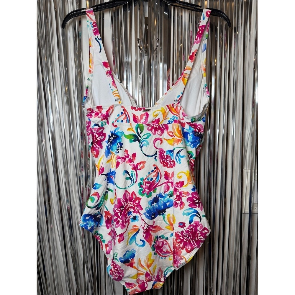 Anne Cole Womens Floral V-Neck Shirred One Piece Swimsuit White Multi Size 16 - Picture 6 of 8
